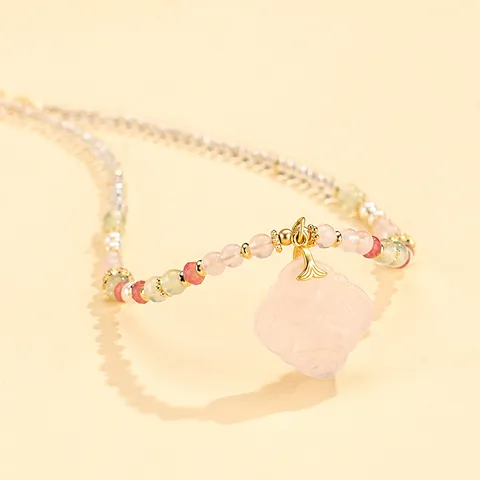 New Chinese Style Beaded Necklace Natural Prehnite Aquamarine Citrine White Crystal Carved Pendant Gold Plated Jewelry Gift For Women