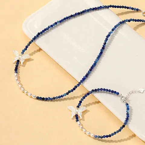 New Chinese Style Freshwater Pearl Crystal Necklace Bracelet Jewelry Set 925 Sterling Silver Mother Of Pearl Butterfly Pendant For Women