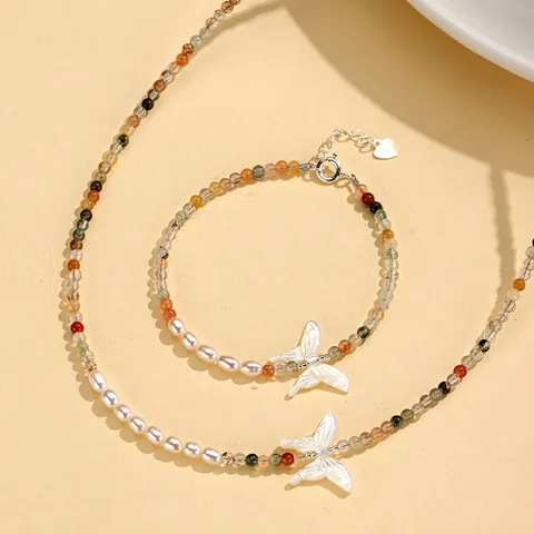 New Chinese Style Freshwater Pearl Crystal Necklace Bracelet Jewelry Set 925 Sterling Silver Mother Of Pearl Butterfly Pendant For Women