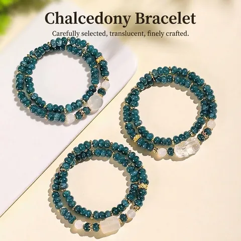 New Chinese Chalcedony Agate Beaded Double Loop Bracelet Women Niche High End Fox Pixiu Charm Handmade Hand String