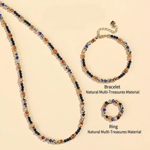 Natural Lapis Lazuli Black Onyx Agate Beads Necklace Bracelet Ring For Women Vintage Ethnic Handcrafted Jewelry Set