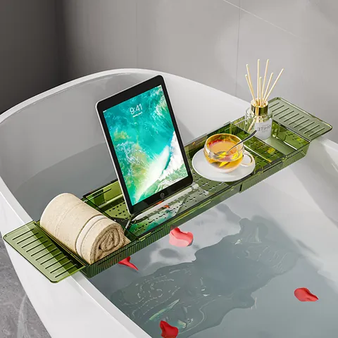 Modern Expandable PET Plastic Bathtub Tray Multi-Functional Transparent Non-Slip Bathroom Storage Rack For Tablet Book Phone