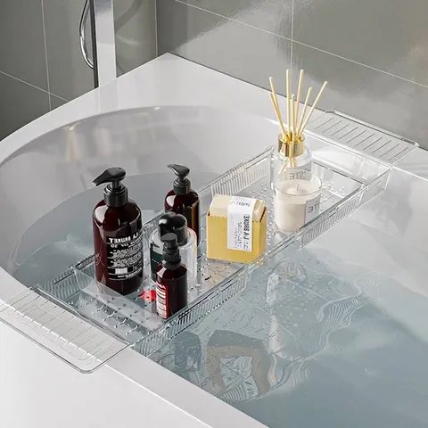 Modern Expandable PET Plastic Bathtub Tray Multi-Functional Transparent Non-Slip Bathroom Storage Rack For Tablet Book Phone