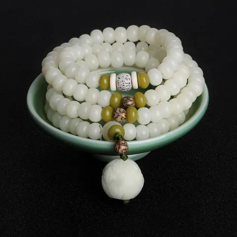 Natural White Bodhi Root Mala Prayer Beads Bracelet Ethnic Zen Style Handmade Lotus Pendant Necklace For Women Men Jewelry