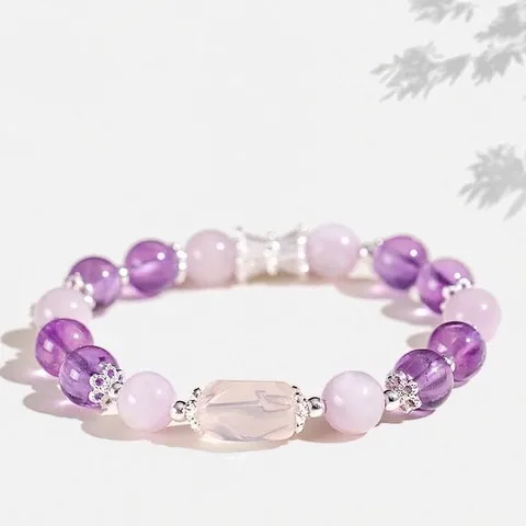 Natural Amethyst Rose Quartz Prehnite Beaded Bracelet For Women Sweet Fresh Crystal Hand String Alloy Rhinestone Charm Jewelry Gift