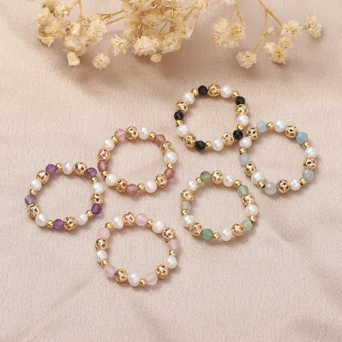 Natural Freshwater Pearl Elastic Ring For Women Vintage Chinese Style Strawberry Rose Quartz Crystal Beaded Ring Light Luxury Jewelry
