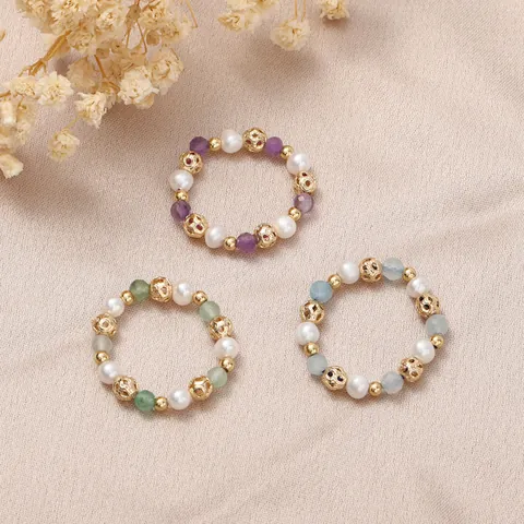 Natural Freshwater Pearl Elastic Ring For Women Vintage Chinese Style Strawberry Rose Quartz Crystal Beaded Ring Light Luxury Jewelry