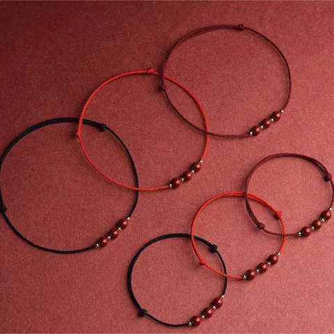 Pulsera de Cuerda Roja con Cuentas de la Suerte de Cinabrio Hecha a Mano para Mujer Hombre Bebé Ajustable Estilo Étnico Tobillera Joyería de Cinabrio