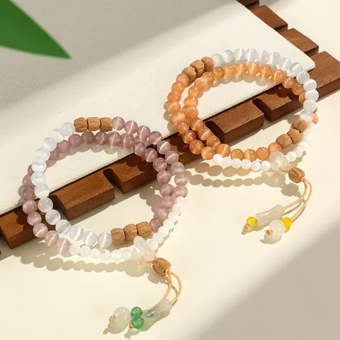 Ethnisches Sandelholz Alashan Achat Armband Für Damen Doppelschichtiges Katzenaugenstein Perlenarmband Rosa Blau Chalcedon Sicherheitsschnalle Quaste Schmuck