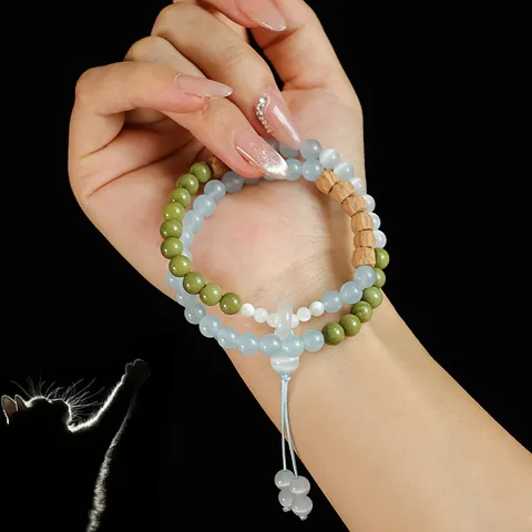 Ethnisches Sandelholz Alashan Achat Armband Für Damen Doppelschichtiges Katzenaugenstein Perlenarmband Rosa Blau Chalcedon Sicherheitsschnalle Quaste Schmuck