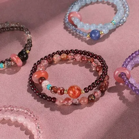 Natural Crystal Amethyst Aquamarine Strawberry Quartz Double-Loop Beaded Bracelet With Safety Button Pendant Women Jewelry
