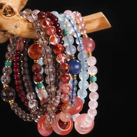 Natural Crystal Amethyst Aquamarine Strawberry Quartz Double-Loop Beaded Bracelet With Safety Button Pendant Women Jewelry