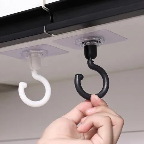 360 Degree Rotating Ceiling Mount Adhesive Hooks No-Drill Waterproof Plastic Hooks For Kitchen Bathroom Wardrobe Storage Organizer Hooks