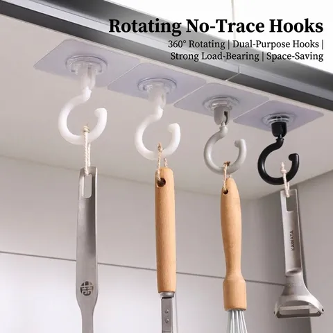 360 Degree Rotating Ceiling Mount Adhesive Hooks No-Drill Waterproof Plastic Hooks For Kitchen Bathroom Wardrobe Storage Organizer Hooks