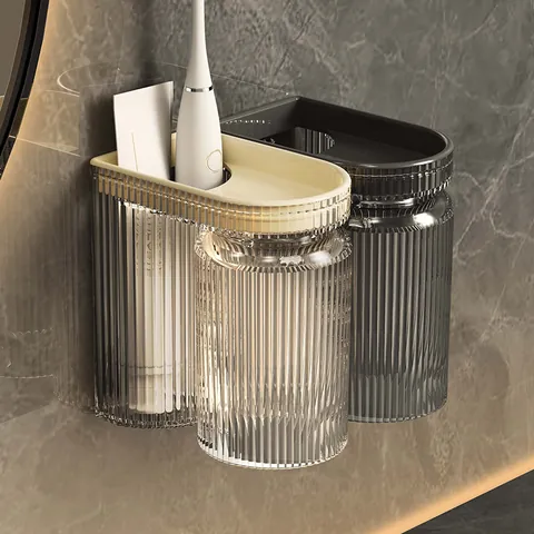 Wall Mounted Toothbrush Holder With Ribbed PET Cup Drill-Free Electric Toothbrush Storage Rack For Bathroom Family Set