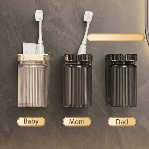 Wall Mounted Toothbrush Holder With Ribbed PET Cup Drill-Free Electric Toothbrush Storage Rack For Bathroom Family Set