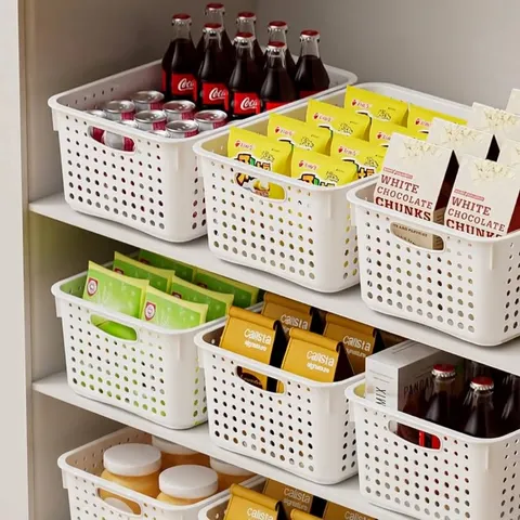 Minimalist Hollow Plastic Storage Basket With Handles Portable Desktop Kitchen Bathroom Organizer Household Storage Bin