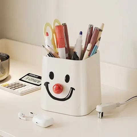 Cute Cartoon Smile Pen Holder Cream Desktop Stationery Storage Box For Makeup Brushes Office Student Desk Organizer Bucket