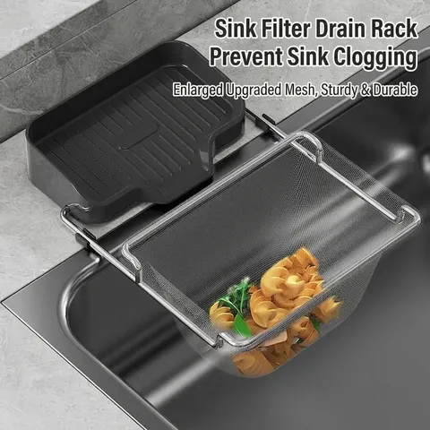 Kitchen Sink Filter Rack Stainless Steel Disposable Mesh Bag Holder Residue Strainer Rack With PP Storage Tray Household Waste Collector Sink Caddy