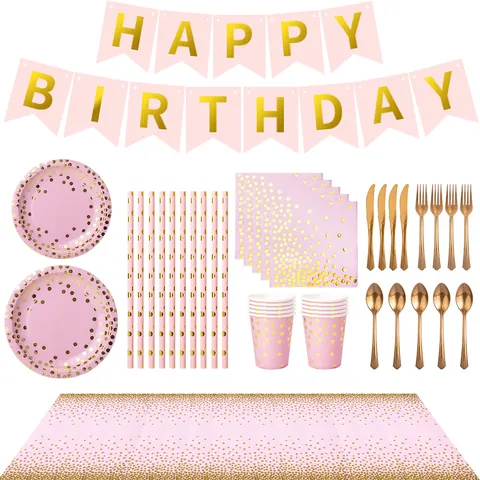 Disposable Party Tableware Set Pink Gold Polka Dot Paper Plates Cups Napkins Plastic Cutlery For Birthday Picnic Event Supplies
