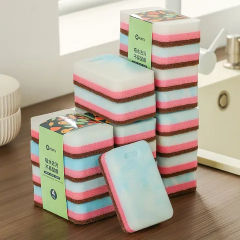 Double Sided Kitchen Cleaning Sponge Scouring Pad For Dishwashing Pot Scrubber Heavy Duty Multi Layer Sponge Block For Kitchen Stain Removal