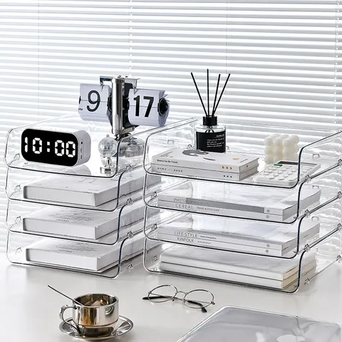 Transparent PET Stackable Desktop Storage Rack Document Tray For Office Desk Student Stationery Books Organizing File Holder