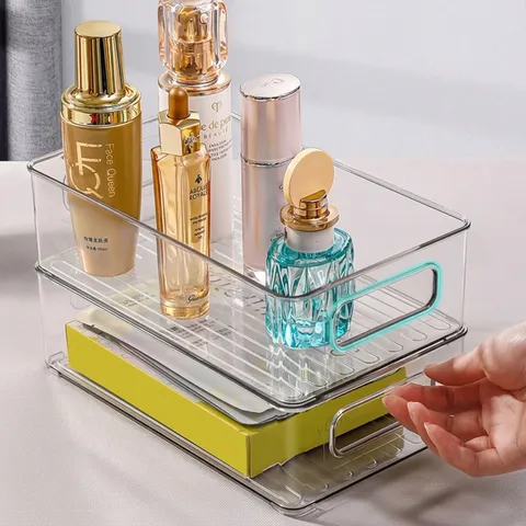 Caja de Almacenamiento de Escritorio de Acrílico Transparente Apilable Con Asas Organizador de Maquillaje de Plástico