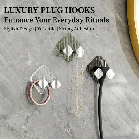 Light Luxury Adhesive Power Plug Hook Wall Mounted Cable Organizer Drill-Free Socket Holder Storage Hook For Kitchen Bathroom Office Modern Minimalist