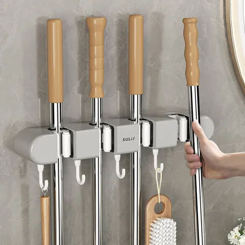 Self-Adhesive Wall Mounted Mop Holder ABS Silicone Multi-Functional Storage Rack With Hooks For Bathroom Broom Organizer
