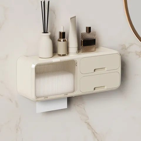 Punch-Free Wall Mounted Bathroom Tissue Box Waterproof Toilet Paper Holder Facial Towel Storage Box Shelf With Drawers Organizer