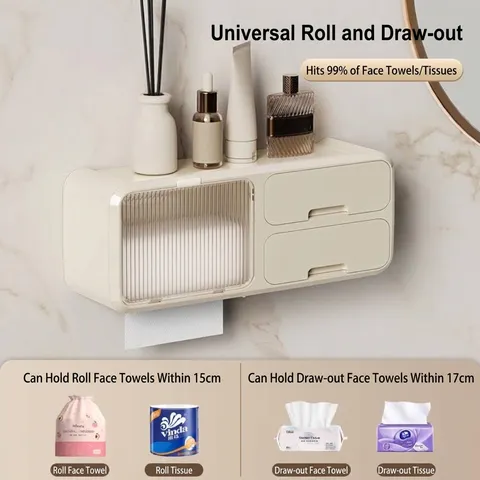 Punch-Free Wall Mounted Bathroom Tissue Box Waterproof Toilet Paper Holder Facial Towel Storage Box Shelf With Drawers Organizer