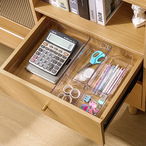 Clear PET Drawer Organizer Bins Modular Plastic Storage Box For Desktop Office Wardrobe Vanity Makeup Stationery Organization Trays