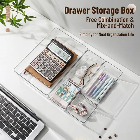 Clear PET Drawer Organizer Bins Modular Plastic Storage Box For Desktop Office Wardrobe Vanity Makeup Stationery Organization Trays