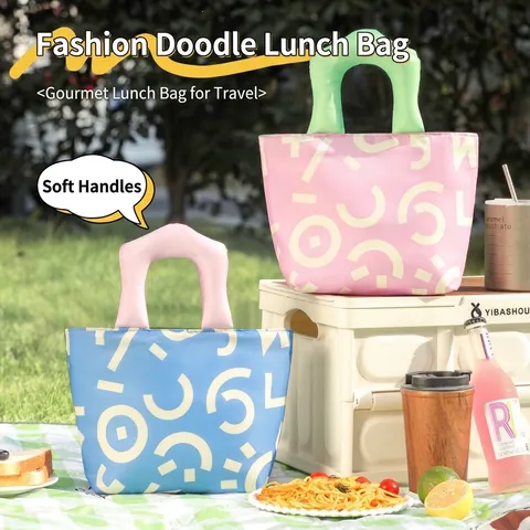Portable Insulated Lunch Bag Oxford Cloth Aluminum Foil Waterproof Bento Box Bag Cartoon Doodle Pattern For Office Workers Students
