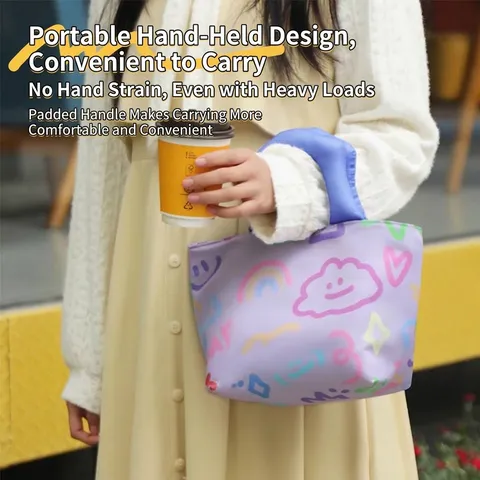 Portable Insulated Lunch Bag Oxford Cloth Aluminum Foil Waterproof Bento Box Bag Cartoon Doodle Pattern For Office Workers Students