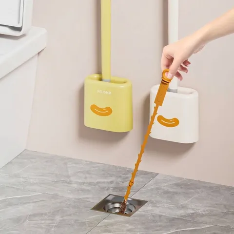 2-in-1 Wall-Mounted Toilet Brush And Drain Unclogger Flexible TPE Bristles Ventilation Holder No-Drilling Bathroom Cleaning Tool