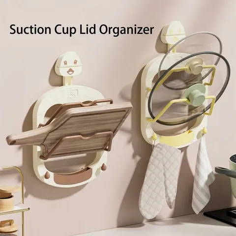 Cartoon Duck Wall Mounted Pot Lid Rack Punch Free Suction Cup Cutting Board Stand Kitchen Storage Rack With Hooks Drainage Tray
