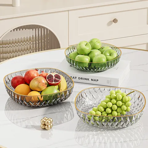 Assiette à Fruits en PET Transparent de Luxe Avec Bord Doré Texture Diamant Plateau à Snacks Carré Géométrique Pour Décoration de Salon