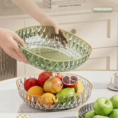 Assiette à Fruits en PET Transparent de Luxe Avec Bord Doré Texture Diamant Plateau à Snacks Carré Géométrique Pour Décoration de Salon
