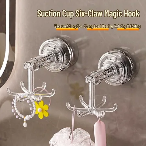 Transparent 6-Claw Rotating Suction Cup Hook Multi-Functional No-Drill Wall Mounted Rack For Bathroom Kitchen Jewelry Storage