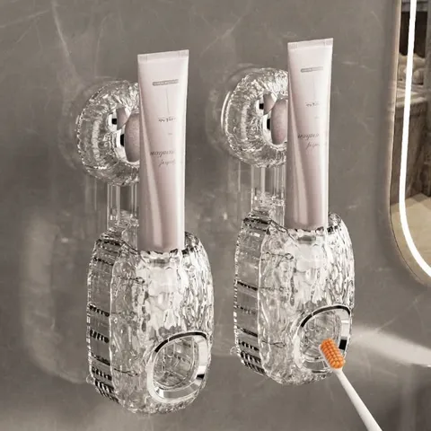 Wall-Mounted Automatic Toothpaste Dispenser Suction Cup Vacuum Squeezer Waterproof Bathroom Storage Rack Wave Pattern PET ABS Organizer