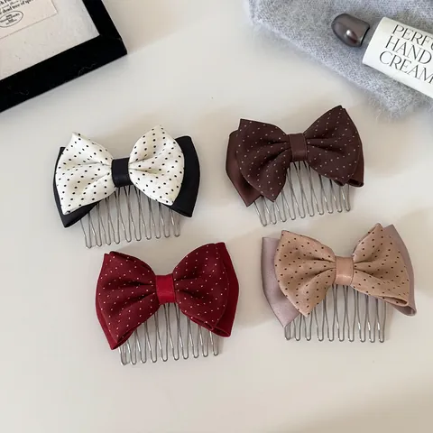 Korean Style Polka Dot Bow Hair Comb Sweet Double Layer Ribbon Insert Comb Hair Accessories For Princess Updo Women