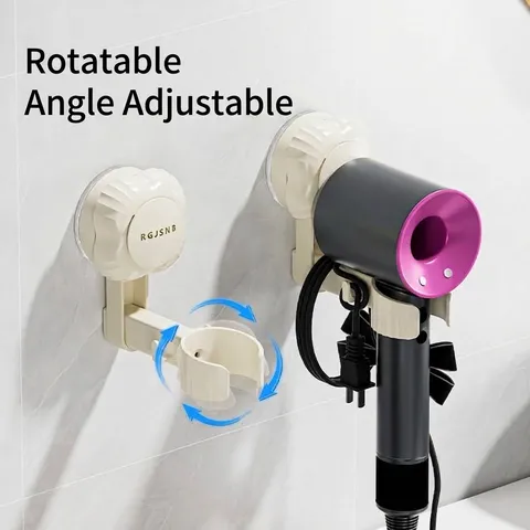Rotatable Suction Cup Hair Dryer Holder No-Drill Wall Mounted Bathroom Storage Rack With Cord Hooks Washable ABS Organizer