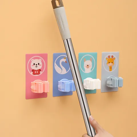 Cartoon Mop Holder Punch-Free Adhesive Wall Mounted Mop Clip Bathroom Kitchen Organizer Hook ABS Storage Clip