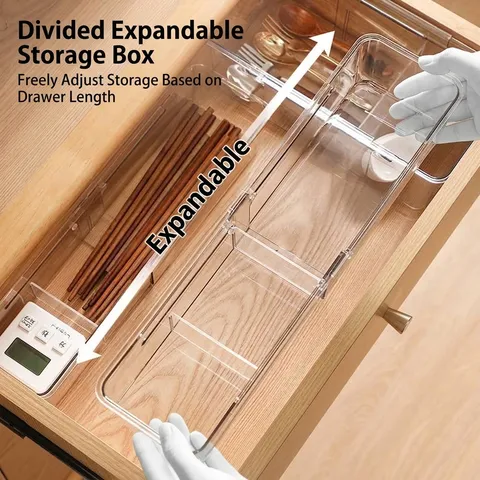 Expandable Transparent PET Drawer Organizer Box Adjustable Clear Plastic Storage Bin For Kitchen Cutlery Socks Underwear Divider