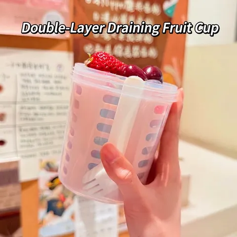 Portable Fruit Salad Cup With Fork And Drainer Double Layer Sealed Leakproof PP Plastic Picnic Storage Box For Outdoors