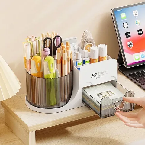 Desktop Organizer Rotating Pen Holder Makeup Storage Box With Transparent Drawer Plastic Stationery Caddy For Office Study Desk