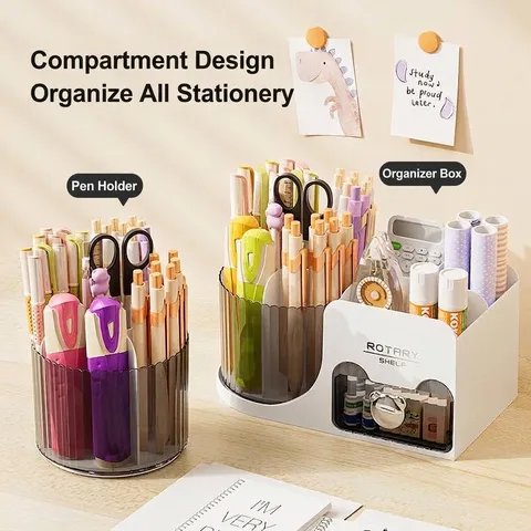 Desktop Organizer Rotating Pen Holder Makeup Storage Box With Transparent Drawer Plastic Stationery Caddy For Office Study Desk