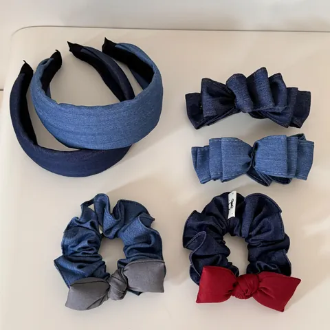 Cerchietto in Tessuto Denim Stile Coreano E Scrunchie Con Fiocco E Fermaglio a Banana Eleganti Accessori per Capelli da Donna