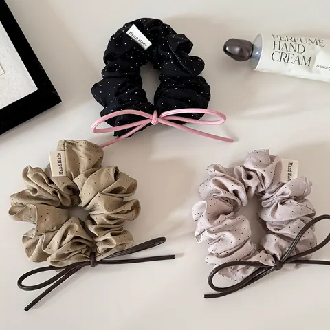 Korean Style Polka Dot Scrunchie With Bow Hair Tie Sweet Ruffle Hair Band Elastic Ponytail Holder For Women Girls Daily Accessory